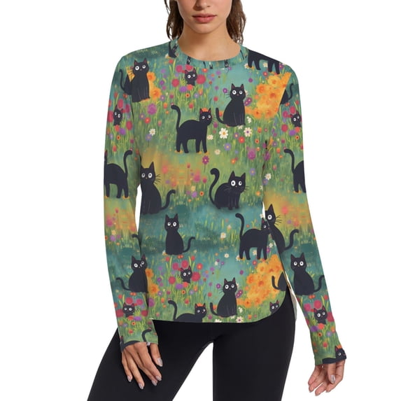 FORMRS Womens Long Sleeve Shirts UPF 50+ Sun Protection Quick Dry Fishing Hiking Tops, Size S-2XL, Floral Black Cats Pattern