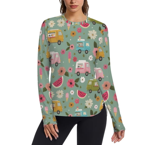 FORMRS Womens Long Sleeve Shirts UPF 50+ Sun Protection Quick Dry Fishing Hiking Tops, Size S-2XL, Green Cartoon Trucks Pattern