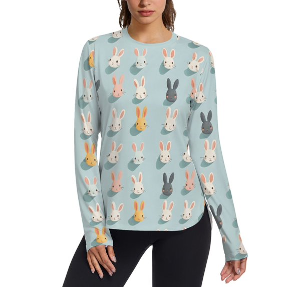 FORMRS Womens Long Sleeve Shirts UPF 50+ Sun Protection Quick Dry Fishing Hiking Tops, Size S-2XL, Green Cute Rabbits