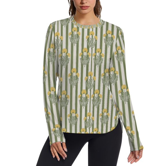FORMRS Womens Long Sleeve Shirts UPF 50+ Sun Protection Quick Dry Fishing Hiking Tops, Size S-2XL, Green Stripe Flowers