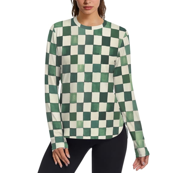 FORMRS Womens Long Sleeve Shirts UPF 50+ Sun Protection Quick Dry Fishing Hiking Tops, Size S-2XL, Green and White Plaid Pattern