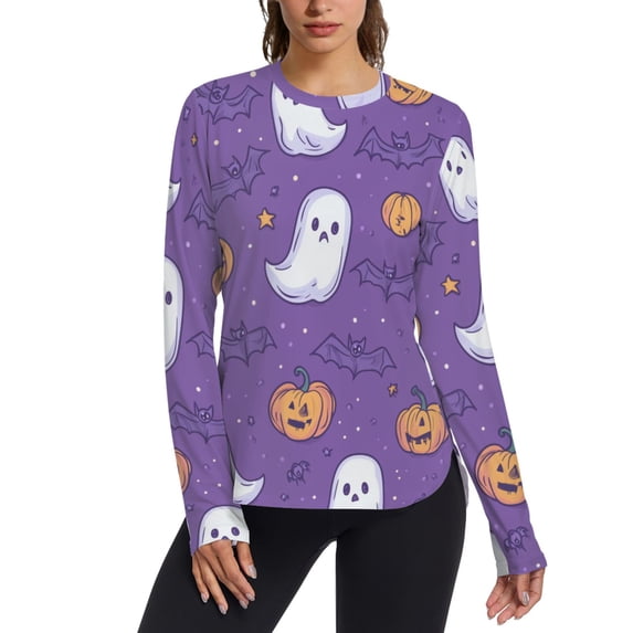 FORMRS Womens Long Sleeve Shirts UPF 50+ Sun Protection Quick Dry Fishing Hiking Tops, Size S-2XL, Halloween Purple Ghosts