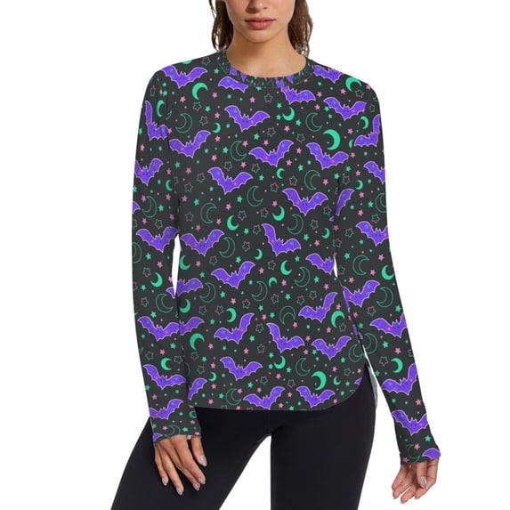 FORMRS Womens Long Sleeve Shirts UPF 50+ Sun Protection Quick Dry Fishing Hiking Tops, Size S-2XL, Purple Cartoon Bats Pattern