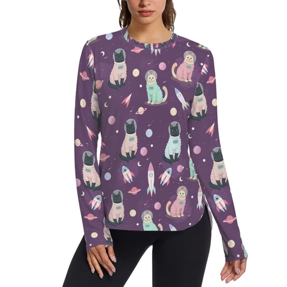 FORMRS Womens Long Sleeve Shirts UPF 50+ Sun Protection Quick Dry Fishing Hiking Tops, Size S-2XL, Purple Space Cat Pattern