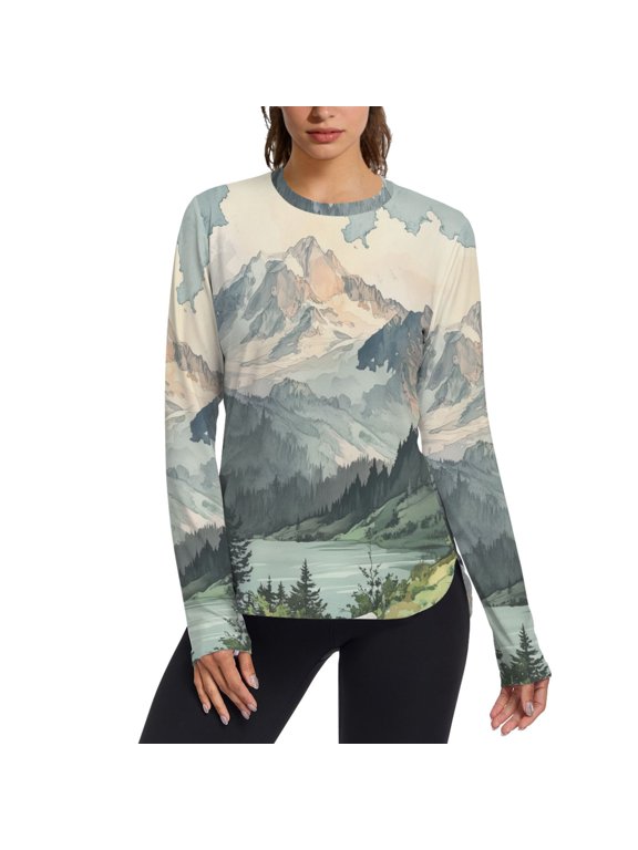 Womens Long Sleeve Shirts UPF 50+ Sun Protection Quick Dry Fishing Hiking Tops, Size S-2XL, Watercolor Mountatin