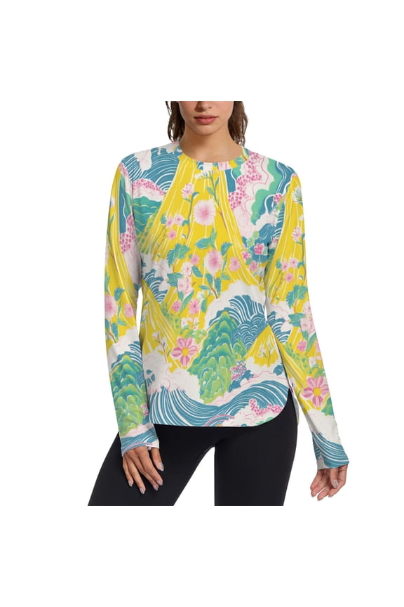 Womens Long Sleeve Shirts UPF 50+ Sun Protection Quick Dry Fishing Hiking Tops, Size S-2XL, Yellow Mountains