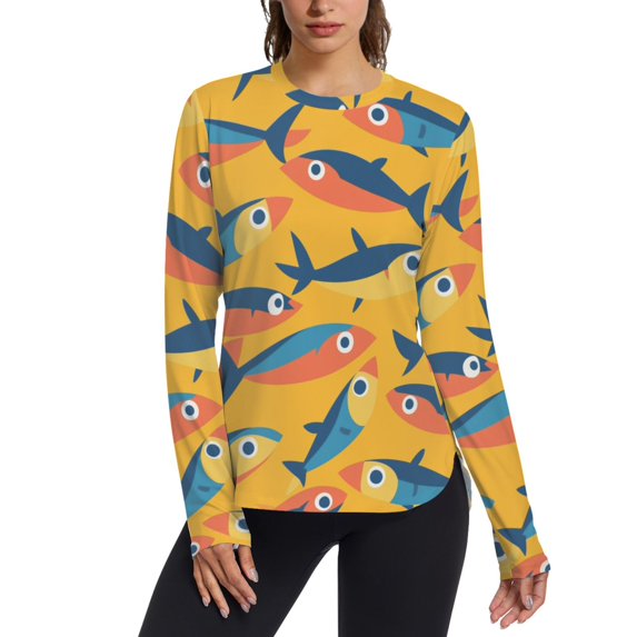 FORMRS Womens Long Sleeve Shirts UPF 50+ Sun Protection Quick Dry Fishing Hiking Tops, Size S-2XL, Yellow Sardines Pattern