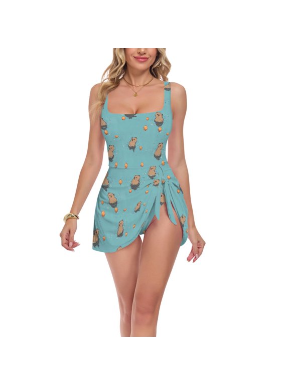 Womens One Piece Swimsuit Tummy Control Bathing Suits Side Tie Swim Dress, Sizes S-3XL, Cartoon Capybaras