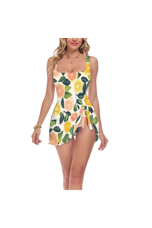 Womens One Piece Swimsuit Tummy Control Bathing Suits Side Tie Swim Dress, Sizes S-3XL, Citrus Fruits