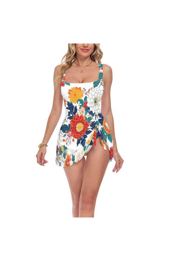 FORMRS Womens One Piece Swimsuit Tummy Control Bathing Suits Side Tie Swim Dress, Sizes S-3XL, Colorful Flowers Pattern