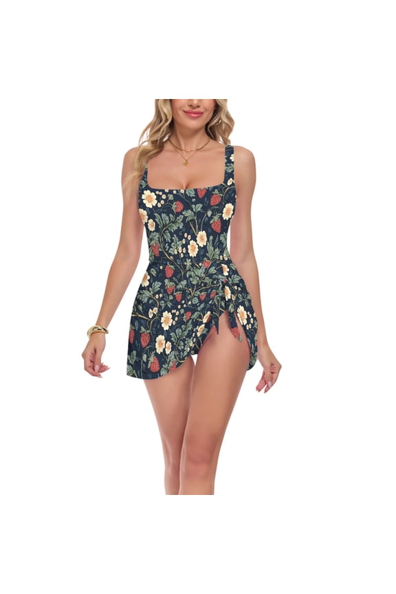 Womens One Piece Swimsuit Tummy Control Bathing Suits Side Tie Swim Dress, Sizes S-3XL, Floral Raspberry Pattern