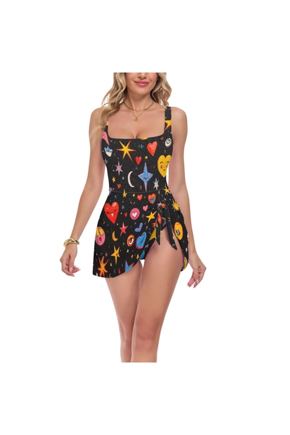 Womens One Piece Swimsuit Tummy Control Bathing Suits Side Tie Swim Dress, Sizes S-3XL, Moon Pattern