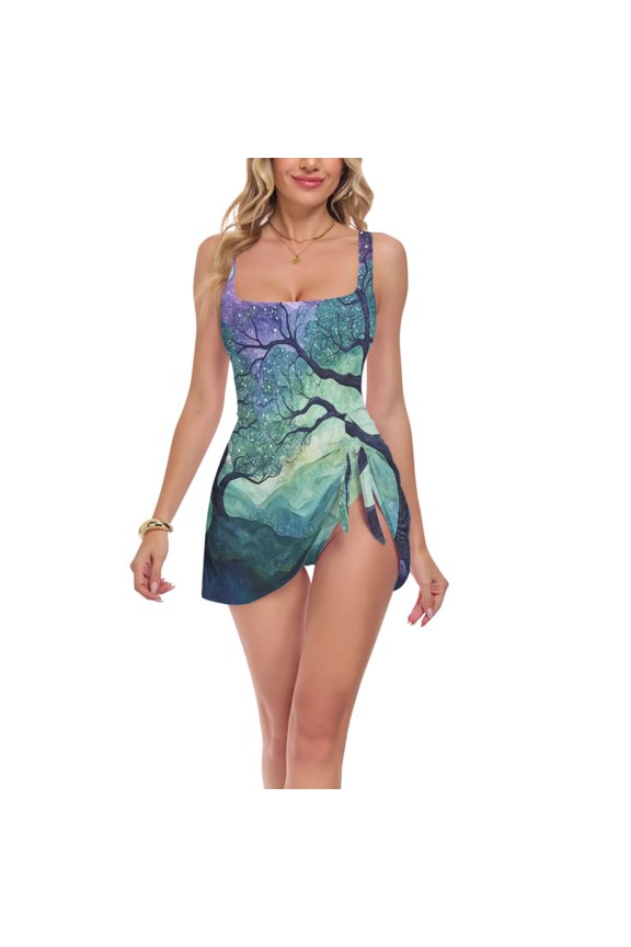 FORMRS Womens One Piece Swimsuit Tummy Control Bathing Suits Side Tie Swim Dress, Sizes S-3XL, Moonlight Forest