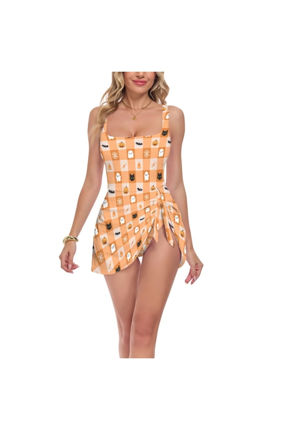 Womens One Piece Swimsuit Tummy Control Bathing Suits Side Tie Swim Dress, Sizes S-3XL, Orange Ghost Plaid Pattern