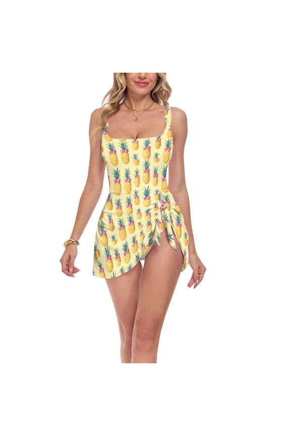 FORMRS Womens One Piece Swimsuit Tummy Control Bathing Suits Side Tie Swim Dress, Sizes S-3XL, Pineapple Love