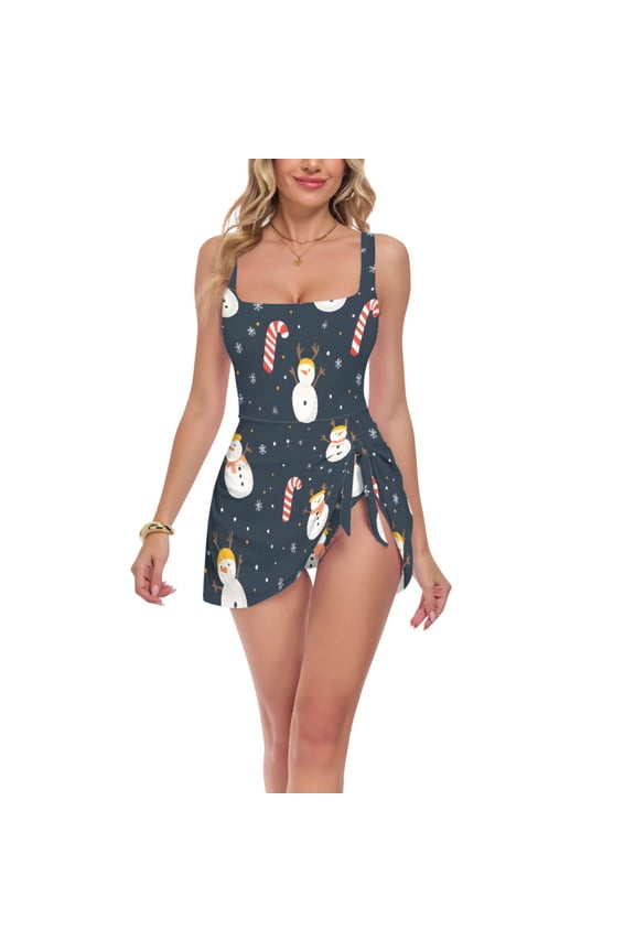 Womens One Piece Swimsuit Tummy Control Bathing Suits Side Tie Swim Dress, Sizes S-3XL, Playful Winter