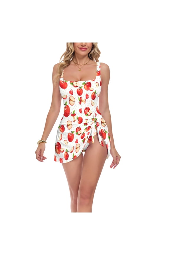 Womens One Piece Swimsuit Tummy Control Bathing Suits Side Tie Swim Dress, Sizes S-3XL, Red Apple Heart Pattern
