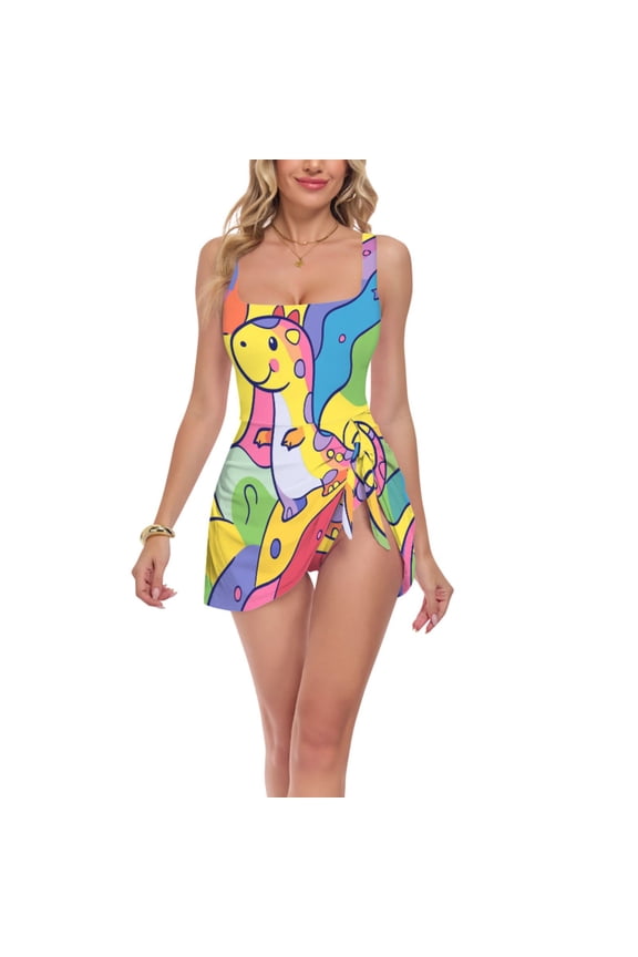Womens One Piece Swimsuit Tummy Control Bathing Suits Side Tie Swim Dress, Sizes S-3XL, Vibrant Dinosaur