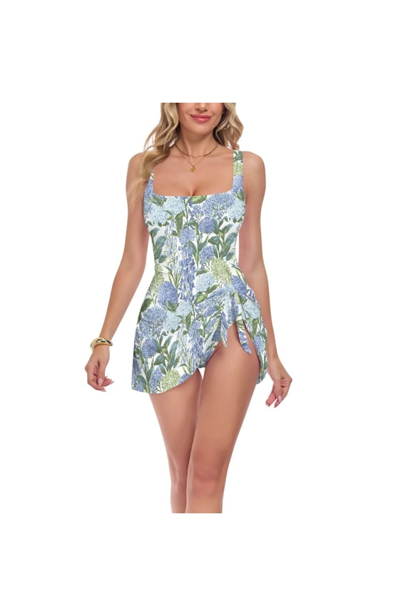 Womens One Piece Swimsuit Tummy Control Bathing Suits Side Tie Swim Dress, Sizes S-3XL, Vibrant Hydrangeas Pattern