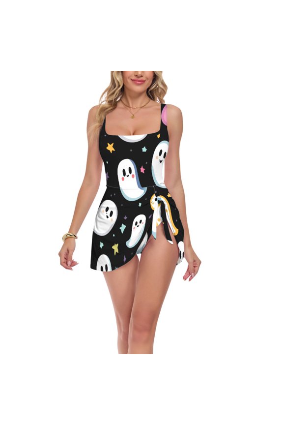 FORMRS Womens One Piece Swimsuit Tummy Control Bathing Suits Side Tie Swim Dress, Sizes S-3XL, White Halloween Ghost