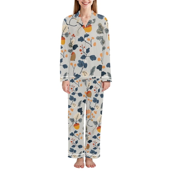 FORMRS Womens Pajama Set Long Sleeve Top and Pants with Pockets Soft Comfy Lounge Sleepwear, Sizes S-2XL, Acorn Leaves Pattern