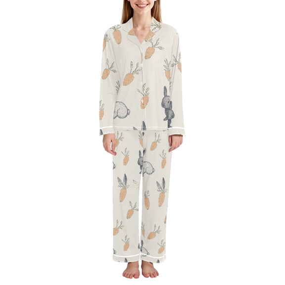 FORMRS Womens Pajama Set Long Sleeve Top and Pants with Pockets Soft Comfy Lounge Sleepwear, Sizes S-2XL, Adorable Bunnies