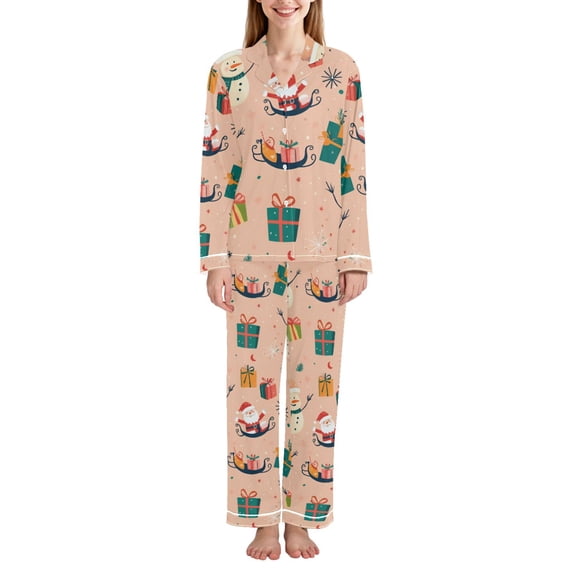 FORMRS Womens Pajama Set Long Sleeve Top and Pants with Pockets Soft Comfy Lounge Sleepwear, Sizes S-2XL, Beige Christmas Snowman