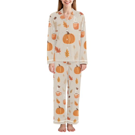 FORMRS Womens Pajama Set Long Sleeve Top and Pants with Pockets Soft Comfy Lounge Sleepwear, Sizes S-2XL, Beige Fall Acorns Pattern