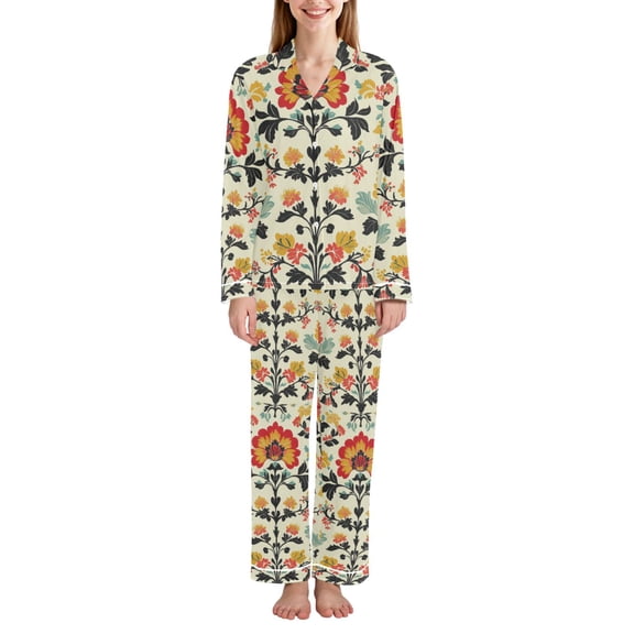 FORMRS Womens Pajama Set Long Sleeve Top and Pants with Pockets Soft Comfy Lounge Sleepwear, Sizes S-2XL, Beige Floral
