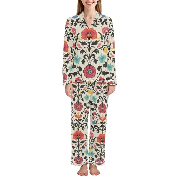 FORMRS Womens Pajama Set Long Sleeve Top and Pants with Pockets Soft Comfy Lounge Sleepwear, Sizes S-2XL, Beige Red Floral