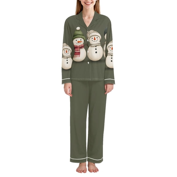 FORMRS Womens Pajama Set Long Sleeve Top and Pants with Pockets Soft Comfy Lounge Sleepwear, Sizes S-2XL, Beige Snowmen