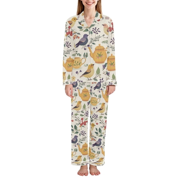 FORMRS Womens Pajama Set Long Sleeve Top and Pants with Pockets Soft Comfy Lounge Sleepwear, Sizes S-2XL, Birds and Teapots
