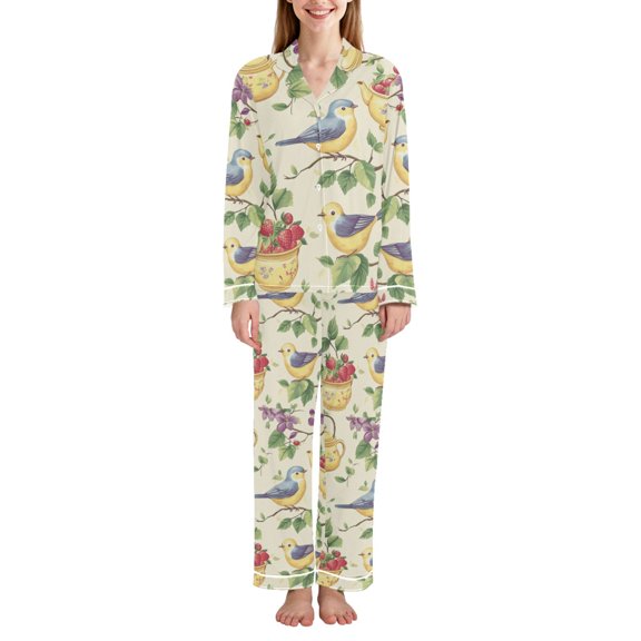 FORMRS Womens Pajama Set Long Sleeve Top and Pants with Pockets Soft Comfy Lounge Sleepwear, Sizes S-2XL, Birds with Strawberries