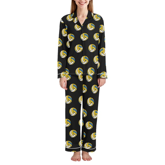 FORMRS Womens Pajama Set Long Sleeve Top and Pants with Pockets Soft Comfy Lounge Sleepwear, Sizes S-2XL, Black Volleyball Pattern