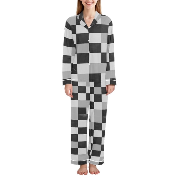 FORMRS Womens Pajama Set Long Sleeve Top and Pants with Pockets Soft Comfy Lounge Sleepwear, Sizes S-2XL, Black and Gray Plaid Pattern