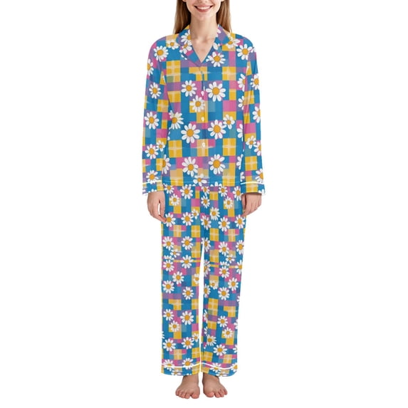 FORMRS Womens Pajama Set Long Sleeve Top and Pants with Pockets Soft Comfy Lounge Sleepwear, Sizes S-2XL, Blue Checkered Daisy