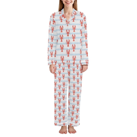 FORMRS Womens Pajama Set Long Sleeve Top and Pants with Pockets Soft Comfy Lounge Sleepwear, Sizes S-2XL, Blue Stripes Lobster Pattern