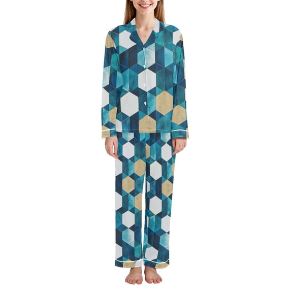 FORMRS Womens Pajama Set Long Sleeve Top and Pants with Pockets Soft Comfy Lounge Sleepwear, Sizes S-2XL, Blue White Geometric Patterns