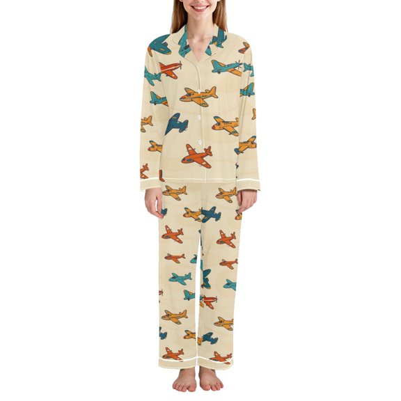 FORMRS Womens Pajama Set Long Sleeve Top and Pants with Pockets Soft Comfy Lounge Sleepwear, Sizes S-2XL, Brown Cartoon Planes Pattern