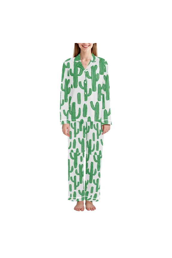 Womens Pajama Set Long Sleeve Top and Pants with Pockets Soft Comfy Lounge Sleepwear, Sizes S-2XL, Cactus Pattern