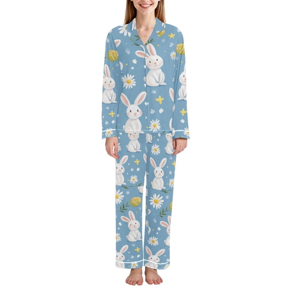 FORMRS Womens Pajama Set Long Sleeve Top and Pants with Pockets Soft Comfy Lounge Sleepwear, Sizes S-2XL, Cartoon Easter Bunnies