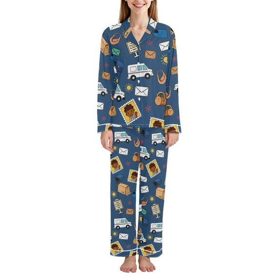 FORMRS Womens Pajama Set Long Sleeve Top and Pants with Pockets Soft Comfy Lounge Sleepwear, Sizes S-2XL, Cartoon Mail Truck Pattern