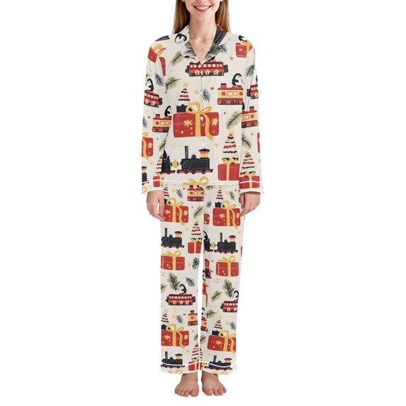 FORMRS Womens Pajama Set Long Sleeve Top and Pants with Pockets Soft Comfy Lounge Sleepwear, Sizes S-2XL, Christmas Box Train