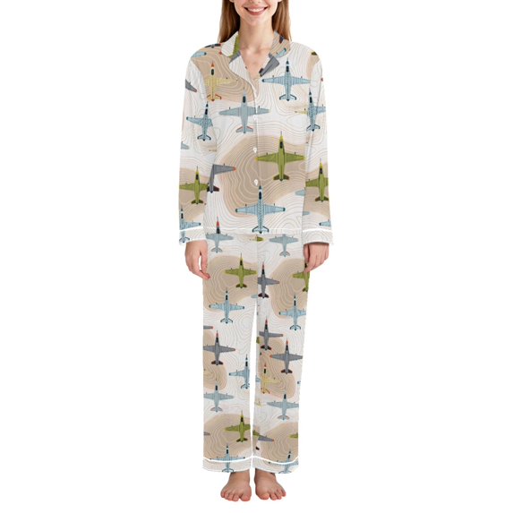 FORMRS Womens Pajama Set Long Sleeve Top and Pants with Pockets Soft Comfy Lounge Sleepwear, Sizes S-2XL, Colorful Airplanes Pattern