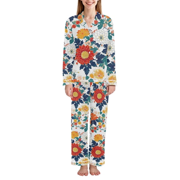 FORMRS Womens Pajama Set Long Sleeve Top and Pants with Pockets Soft Comfy Lounge Sleepwear, Sizes S-2XL, Colorful Flowers Pattern
