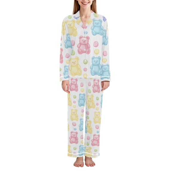 FORMRS Womens Pajama Set Long Sleeve Top and Pants with Pockets Soft Comfy Lounge Sleepwear, Sizes S-2XL, Colorful Gummy Bears Pattern