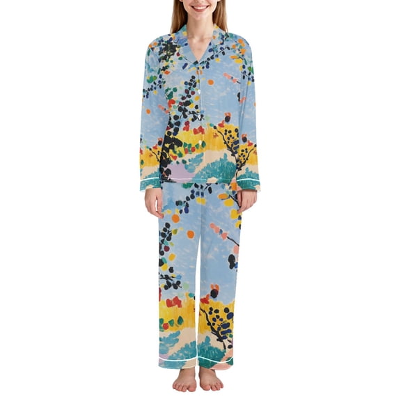 FORMRS Womens Pajama Set Long Sleeve Top and Pants with Pockets Soft Comfy Lounge Sleepwear, Sizes S-2XL, Colorful Leaves