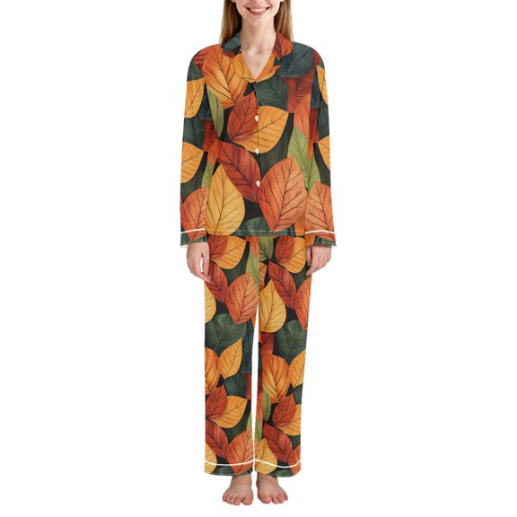 FORMRS Womens Pajama Set Long Sleeve Top and Pants with Pockets Soft Comfy Lounge Sleepwear, Sizes S-2XL, Colorful Leaves