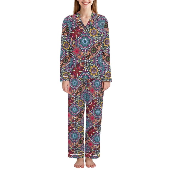 FORMRS Womens Pajama Set Long Sleeve Top and Pants with Pockets Soft Comfy Lounge Sleepwear, Sizes S-2XL, Colorful Mandala Pattern