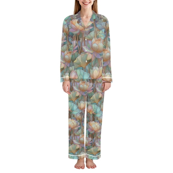 FORMRS Womens Pajama Set Long Sleeve Top and Pants with Pockets Soft Comfy Lounge Sleepwear, Sizes S-2XL, Colorful Water Lilies Pattern